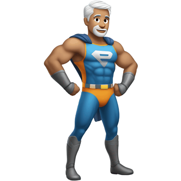 Man with gray hair and a new knee looking like a superhero emoji