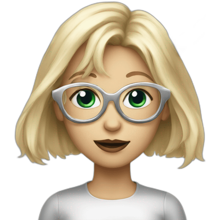 A blond whit girl  with silver glases is looking like a demon emoji