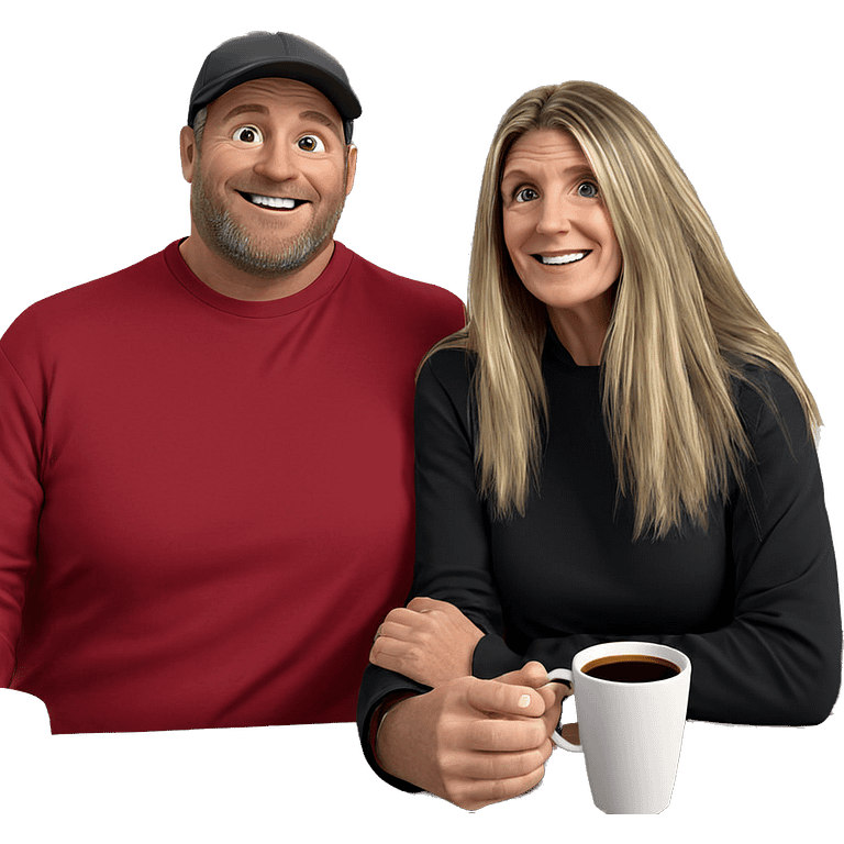 smiling couple with coffee mugs emoji