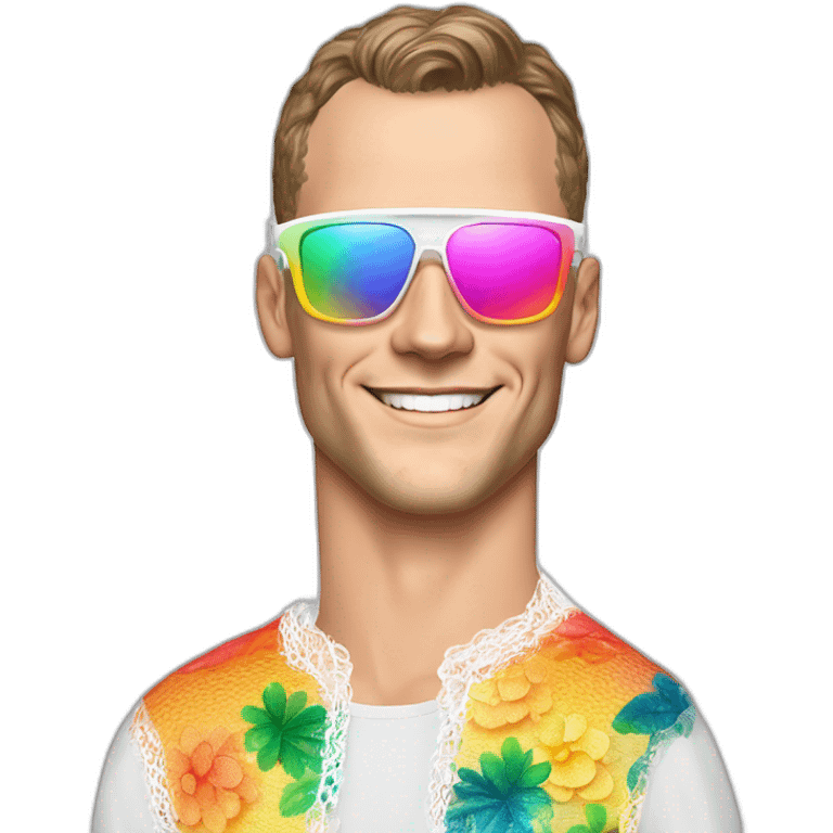 Fancy disco Jonathan Toews wearing rainbow lace shirt and wearing VR glasses and drinking a mimosa emoji