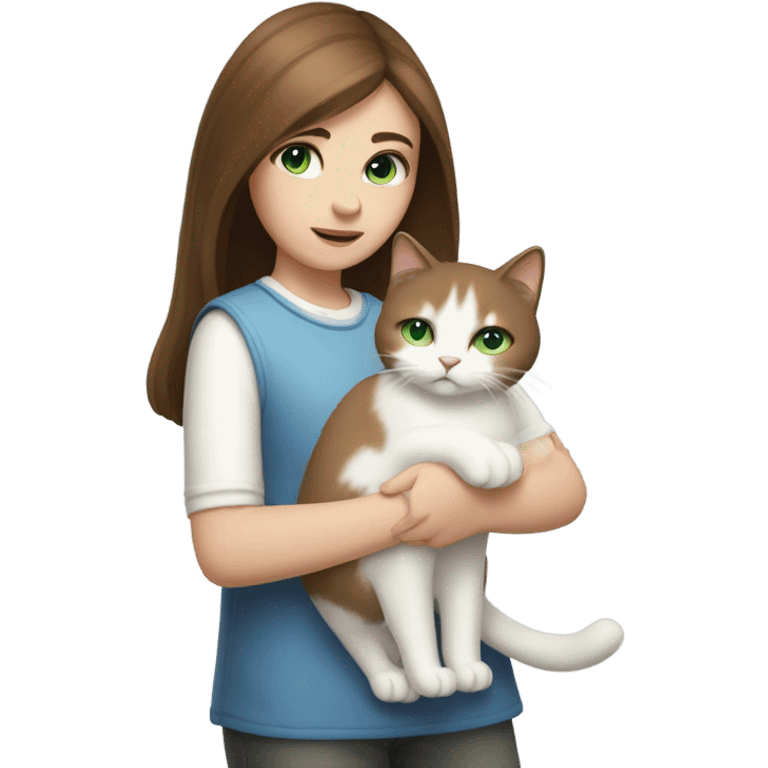 A girl with brown straight hair and a white fluffy cat lying in her arms with eyes of different colors emoji