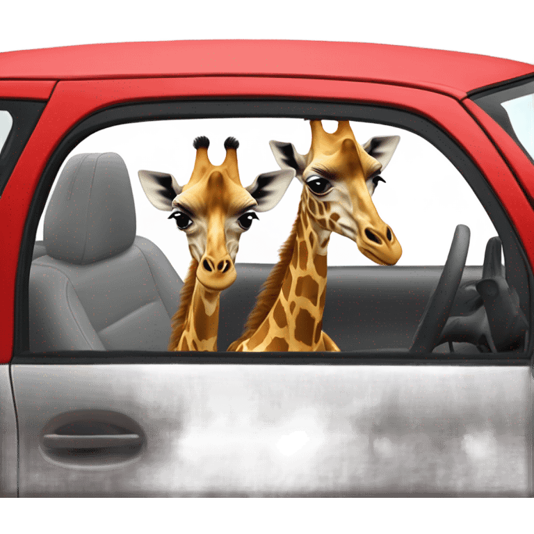 two giraffes driving a red suzuki swift car emoji