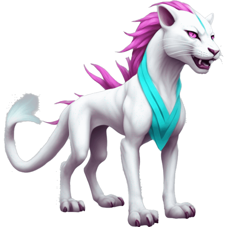 White elegant beautiful natural cute badass epic anthro modern albino vernid-Fakémon with cyan mane and magenta eyes with cyan edgy stripes, full body emoji