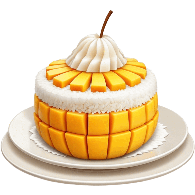 Mango Sticky Rice Cinematic Realistic Mango Sticky Rice Dessert Emoji, depicted as sticky rice drizzled with coconut milk topped with a layer of coconut cream, accompanied by sliced mango on the side of the plate, rendered with vivid textures and warm, tropical lighting. emoji