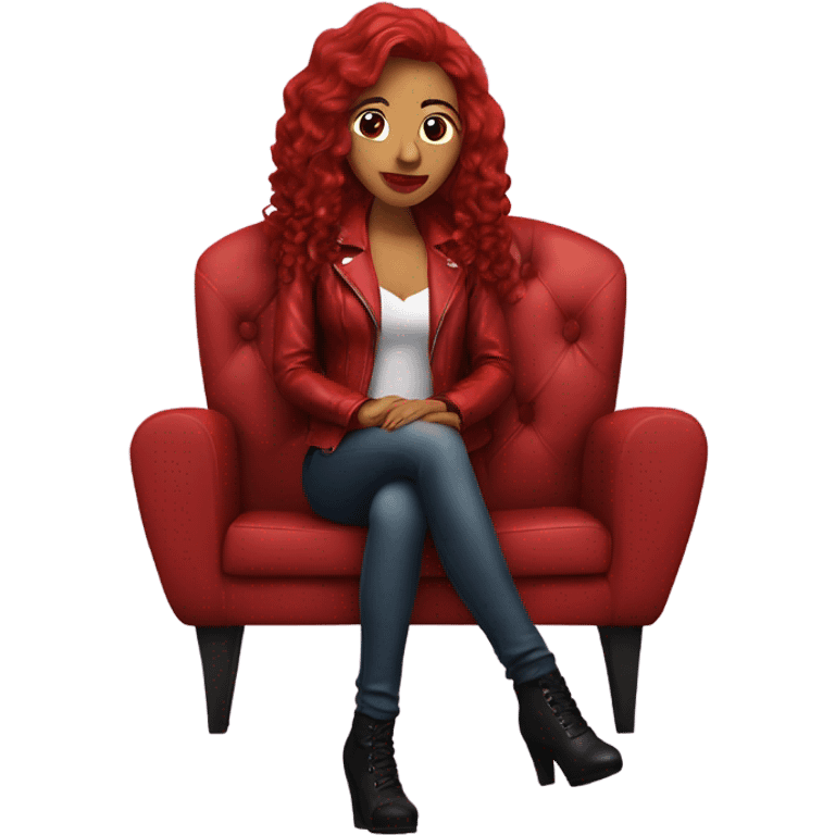 Latina with long red wavy red hair in a red leather jacket and red lipstick sitting on a couch emoji