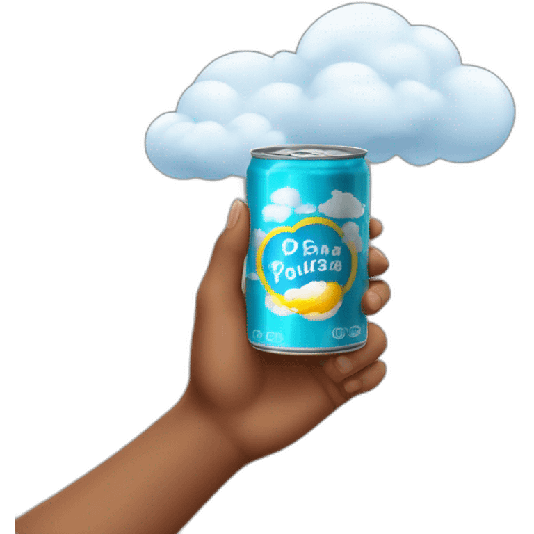 hand holding a can of product with clouds written dreams in Portuguese emoji