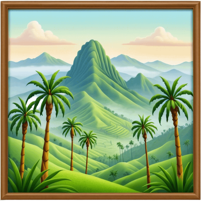 Cinematic Realistic Cocora Valley Landmark Emoji, featuring towering wax palm trees swaying in the misty green valley, with rolling hills and distant mountain peaks bathed in warm morning light. emoji