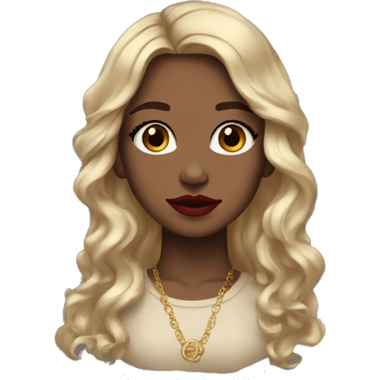 Girl with blue eyes, long brown wavy hair, gold earrings, red lipstick, black long sleeve  emoji