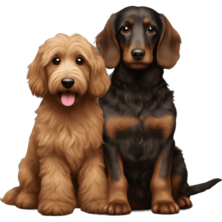  Brown goldendoodle and a black and brown longhair dachshund sitting together  emoji