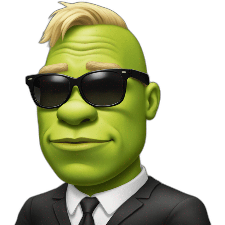 shrek kissing with white-guy-wearing-suit-with-short blonde-hair-and-black-sunglasses emoji