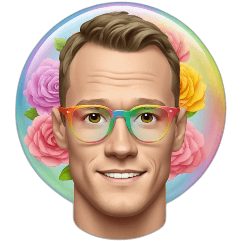 Jonathan Toews wearing glasses inside a rainbow bubble with pastel roses emoji