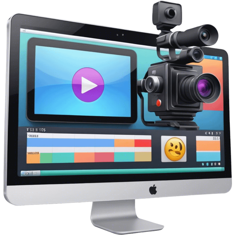 Create an emoji for video editing. Show a computer screen with a video timeline, clips, and editing tools (e.g., scissors). Add a video camera. Use modern, professional colors. Do not include any emojis or smiley faces. Make the background transparent emoji