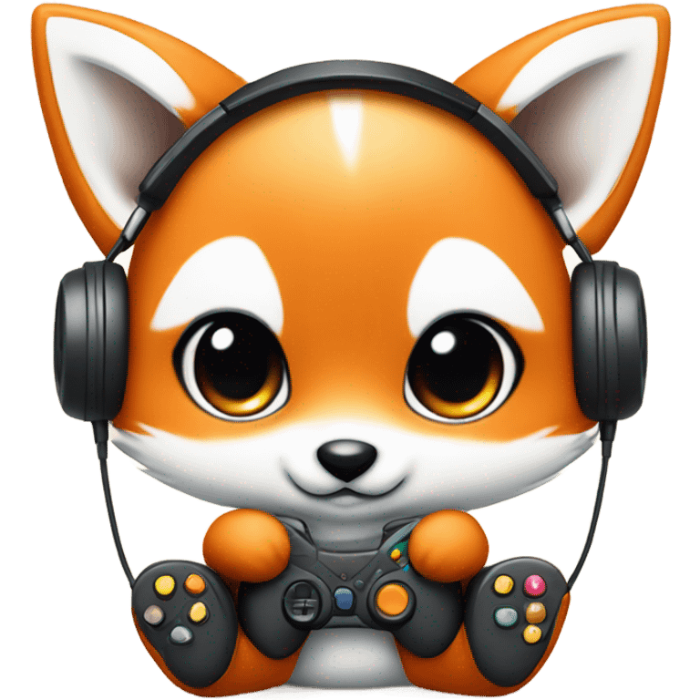 Detailled Baby kawaii fox with headphones on ears and gamepad controller emoji