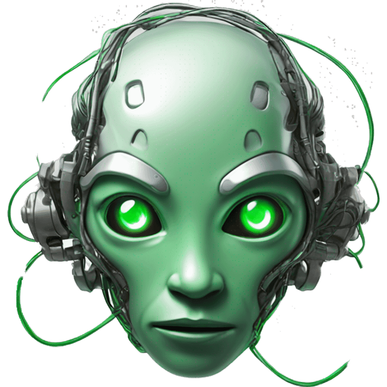 Round Alien cyborg head with glowing wires and green eyes  emoji