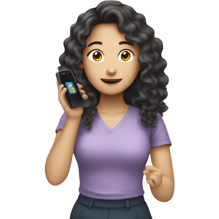 asian girl with long curly hair using phone emoji