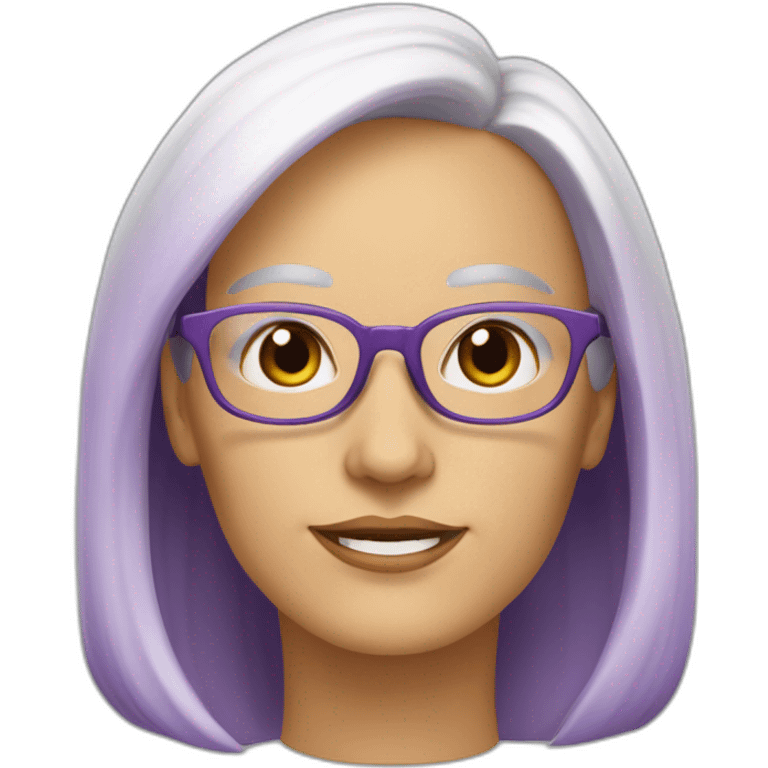 una profesora de edad madura, blanca, pelo largo marron oscuro, usa lentes redondeados con marcos color violeta emoji