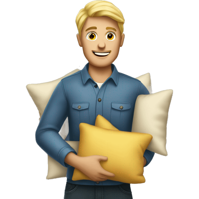 blonde man storekeeper holding pillows emoji