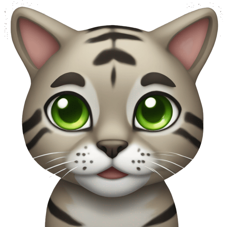 Brown and grey tiger cat with green eyes  emoji