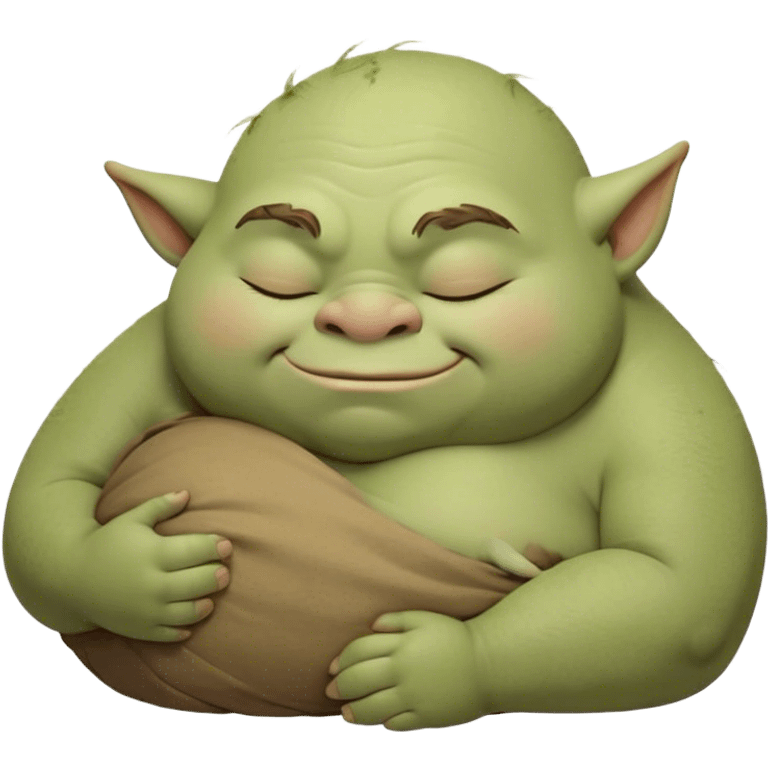 Meme-Worthy Cute Sleeping Ogre Portrait Emoji, with a surprisingly endearing, plump figure in soft earthy greens and browns, head drooping gently with closed, relaxed eyes and a content, sleepy grin, simplified yet adorably detailed, glowing with a soft warm outline that captures the peaceful slumber of a friendly ogre after a day of gentle mischief! emoji