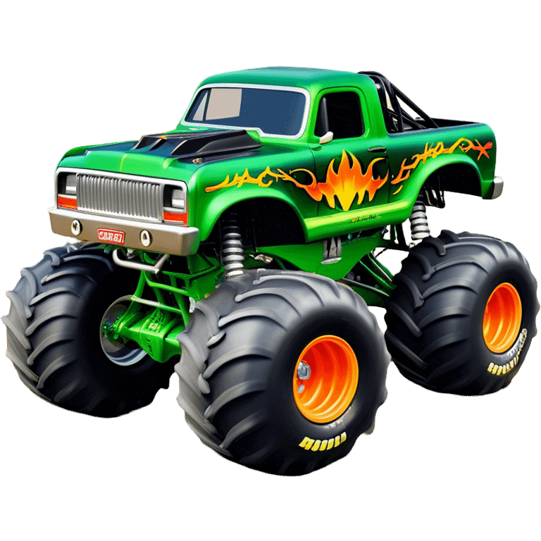 Grave Digger - Monster Jam (Model Year: 2022) (Iconic colour: Green with flames) - A legendary monster truck with a fearsome design: predominantly deep green with dynamic, vibrant flame graphics in bright orange and yellow. Highlight its rough, edgy bodywork and an aura of untamed rebellion. emoji