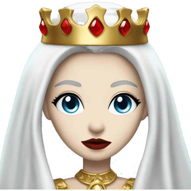 Queen with pale white skin, evil stare, icy blue eyes, bright red lips, long black hair, gold crown, and white robes. emoji