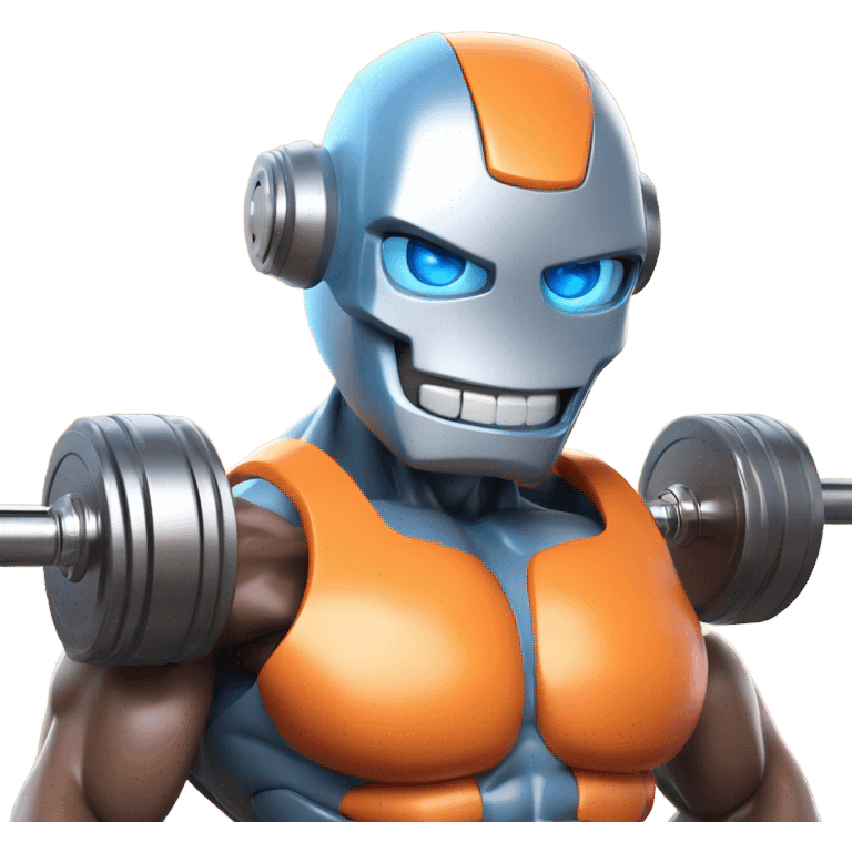 A Disney Pixar-style 3D render of a bodybuilder robot's face with blue eyes in a gym. show only the face. The robot is wearing an orange tank top, holding a dumbbell, and has a confident, friendly expression emoji