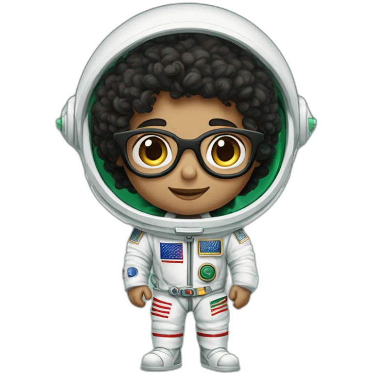 Light skinned Boy with black short curly hear and glasses wearing a white astronaut suit with the saudi flag emoji