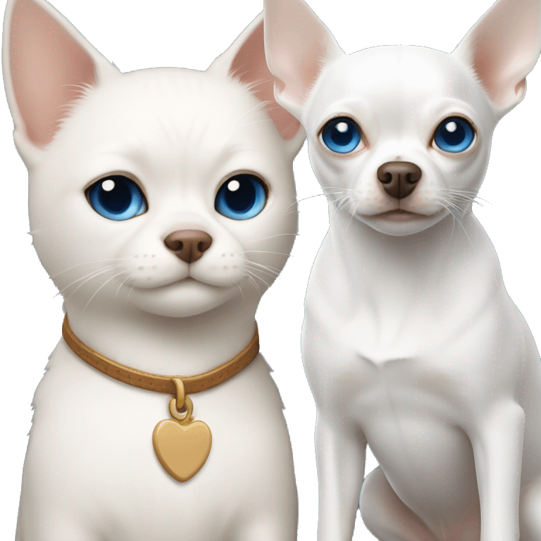 white cat blue eyes standing next to tan chihuahua  emoji