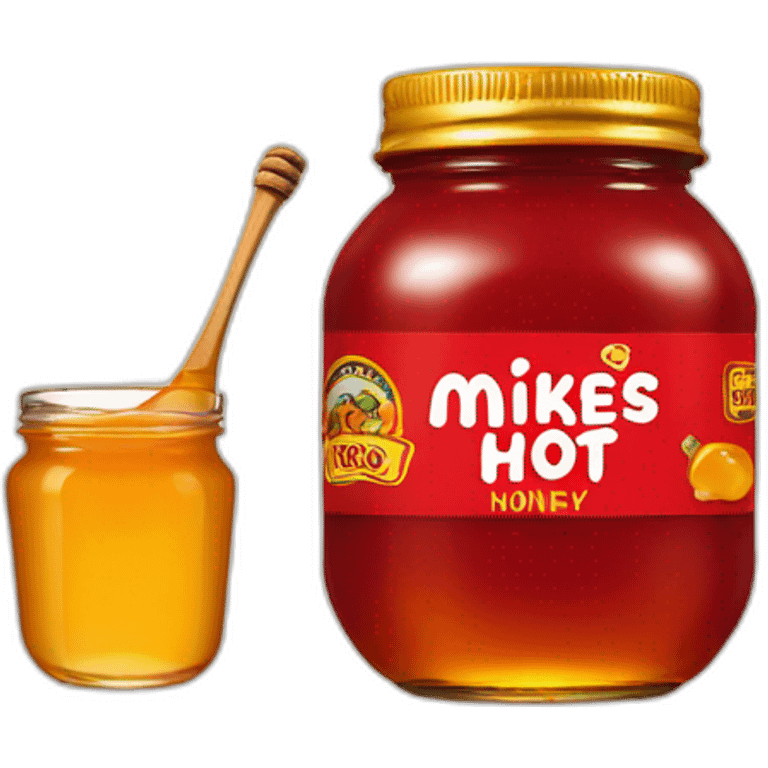 A red-text Mikes hot honey logo with a honey mini red jar emoji