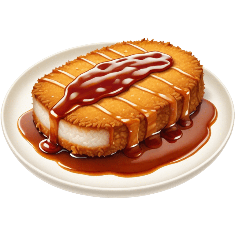 Tonkatsu Cinematic Realistic Tonkatsu Dish Emoji, depicted as a golden, crispy pork cutlet drizzled with tangy BBQ sauce, rendered with detailed textures and dynamic, appetizing lighting. emoji