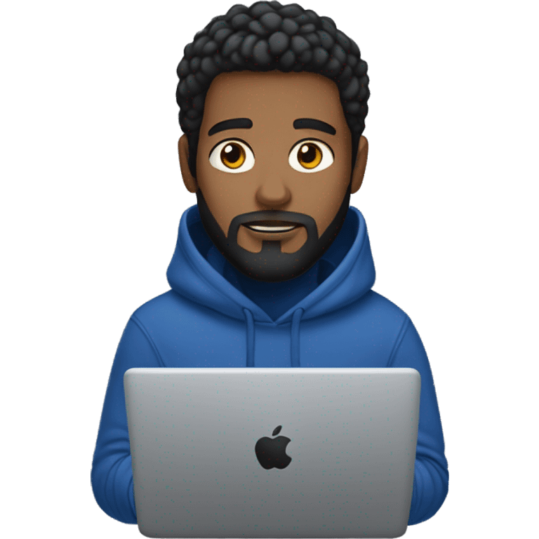 black hair white man with a beard  typing on apple computer wearing a dark blue nike hoodie emoji