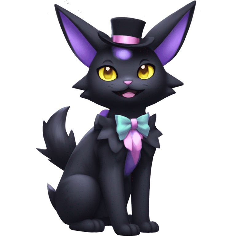 Shiny Cool Edgy Emo pastel Black beautiful ethereal fantasy Kawaii Sona Umbreon-Noibat-Litten-Fakemon-cat-animal with edgy bat-ears bow tie black mane vtuber model Full Body emoji