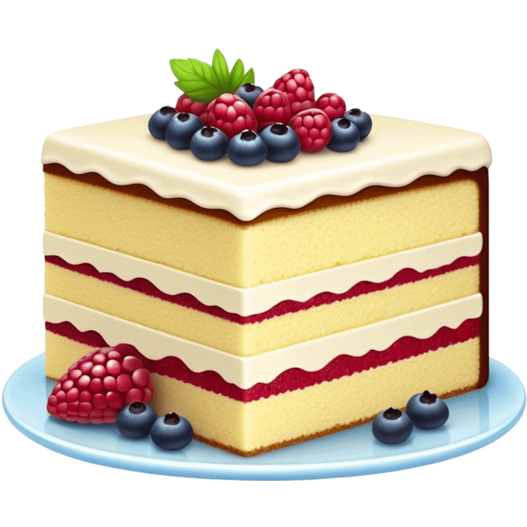 Cinematic luxurious slice of cake, delicate layers of moist sponge and rich frosting, beautifully decorated with fresh berries and a glossy glaze, soft glowing light, elegant and indulgent. emoji