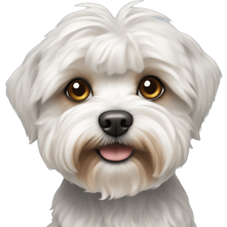 white maltipoo yorkshire terrier mix with blueish brown ear emoji