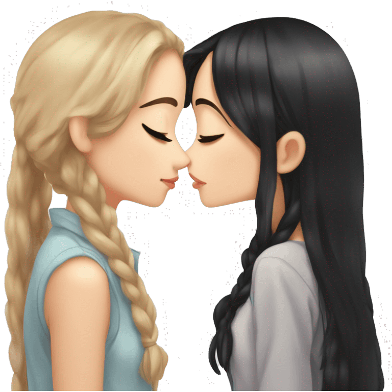 two cute anime brunette girls kissing on the lips. By brunette I mean the both have long black hair, both of their hairstyles are down. One of the girls has freckles. Super cute anime style. emoji