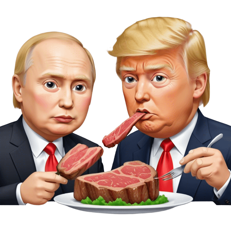 photorealistic Donald Trump and Putin eating a steak shaped like an piece of land emoji