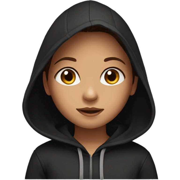 young girl, brown hair, black hoodie emoji