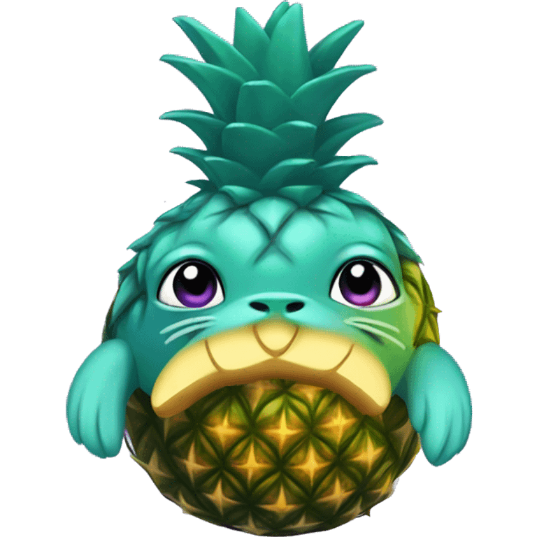 teal-colored seal with a purple-colored pineapple on its head emoji