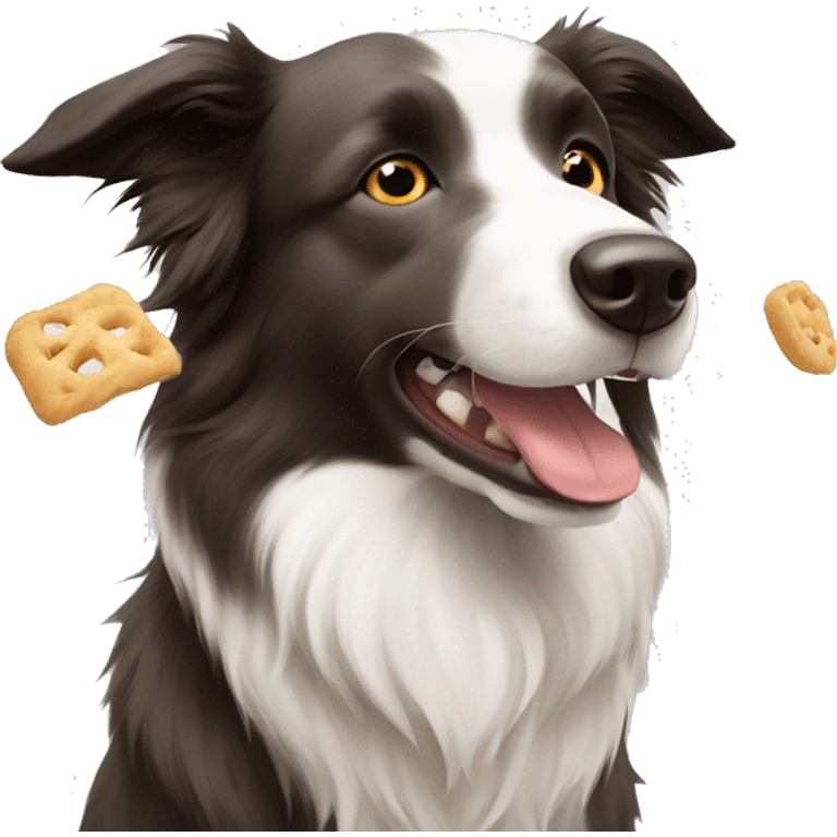 Ligh Grey brown border collie taking snacks emoji