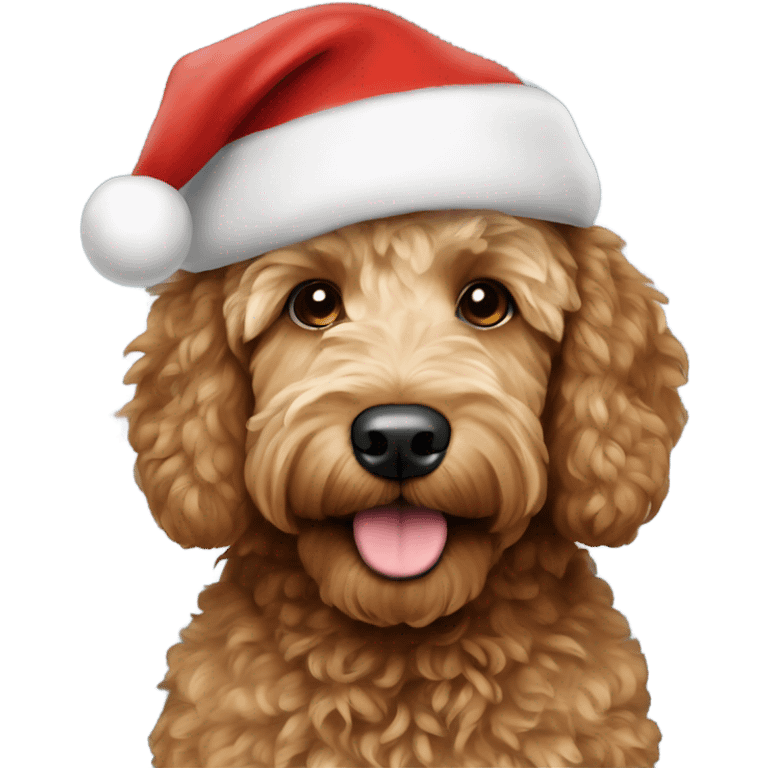 Brown mini Goldendoodle with Santa hat emoji