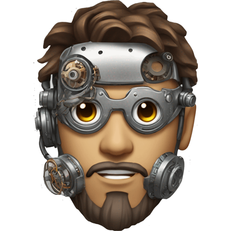 male cyborg head with brown short hair, brown beard, silver steampunk goggles and circuitry emoji