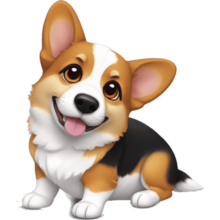 a tricolor corgi. lots of black on the head , around the eyes, a white spot on the forehead, sticking out the tongue emoji