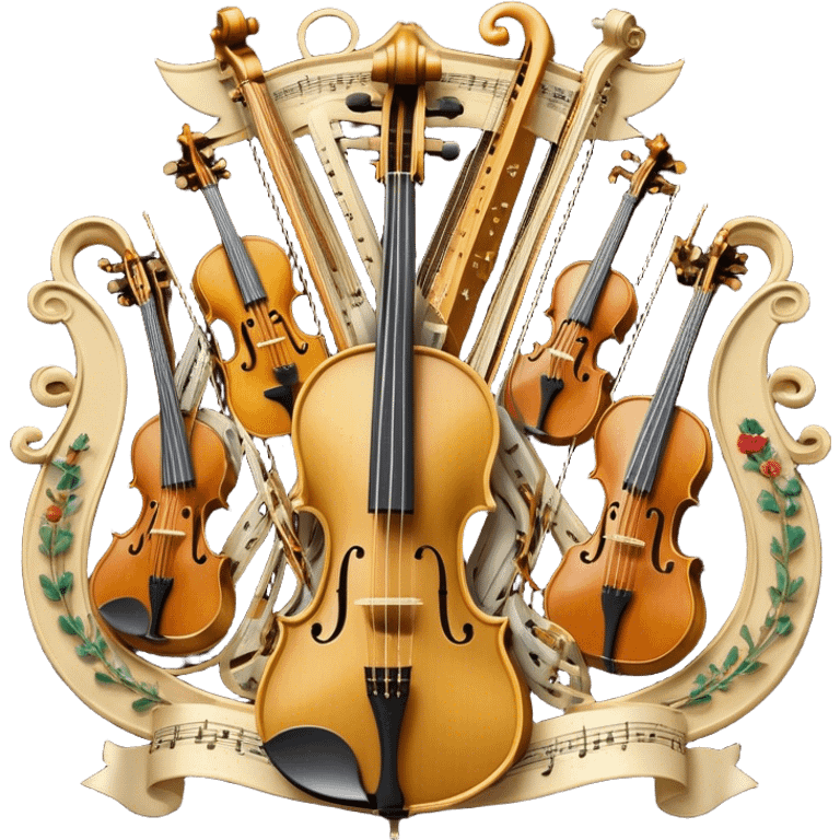 Create a sophisticated, festive, and professional emoji collage resembling a coat of arms, symbolizing string instruments. The design should feature several string instruments, such as a violin, cello, guitar, and harp, arranged in an elegant, balanced composition. Each instrument's neck (fingerboard) should intertwine with flowing musical notes, forming a ribbon-like structure that weaves through the instruments. The strings of the instruments should be emphasized, creating a dynamic and elegant effect. Use rich gold and silver accents to highlight the professional quality of the instruments, with deep wooden tones for the body of each instrument. Surround the instruments with a subtle border, resembling a heraldic crest, and add small decorative elements like laurel leaves or subtle flourishes. The background should be transparent to keep the design clean and polished. emoji