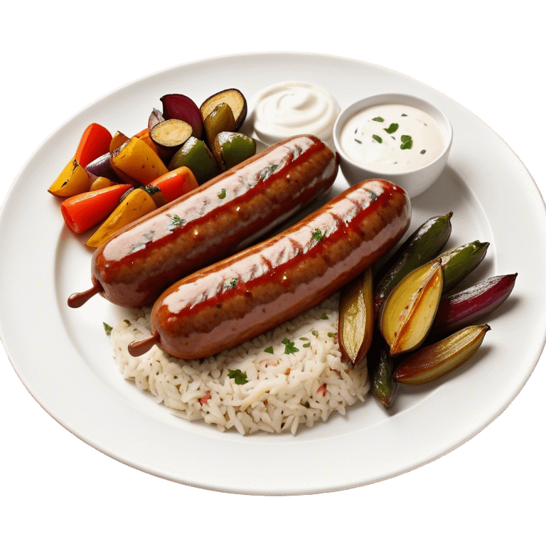 Cinematic Realistic image of a long, sausage-shaped Turkish Köfte, rendered with richly spiced meat textures and subtle grill marks, artfully arranged on a traditional Turkish ceramic plate alongside classic sides such as a serving of aromatic pilaf, crisp grilled vegetables, and a dollop of creamy yogurt, all bathed in warm, appetizing lighting that emphasizes its savory allure. emoji