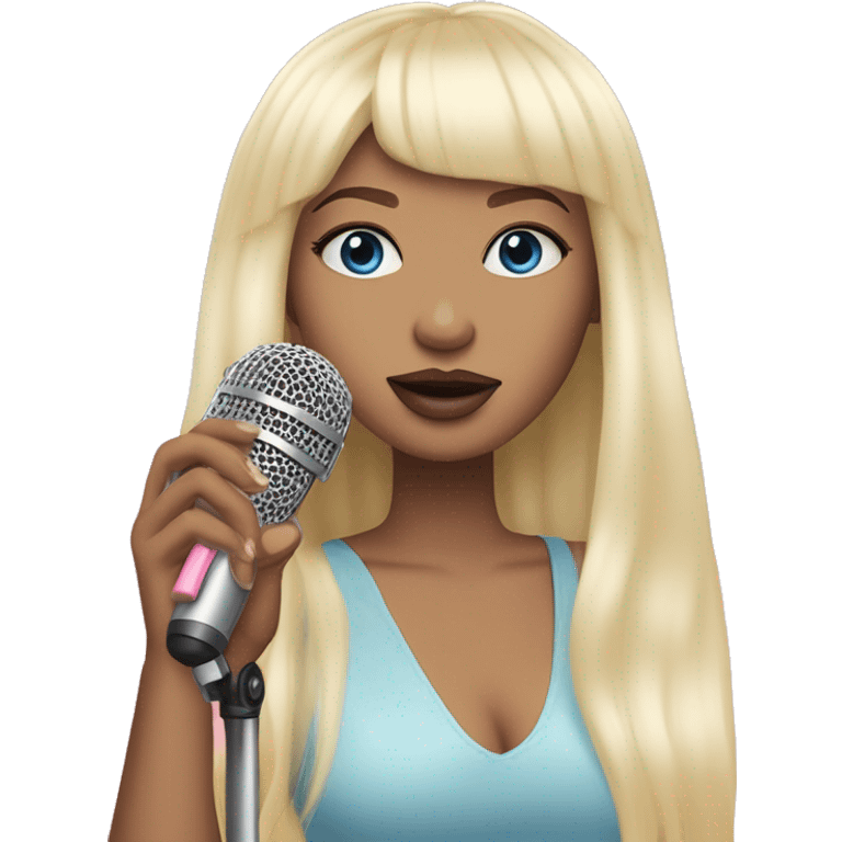 Blonde haired singer with long straight hair and bangs holding a pink microphone and the girl has blue eyes and pink-red lips and a pastel yellow, pastel pink, pastel blue and pastel purple clouds beside her and he has light skin emoji