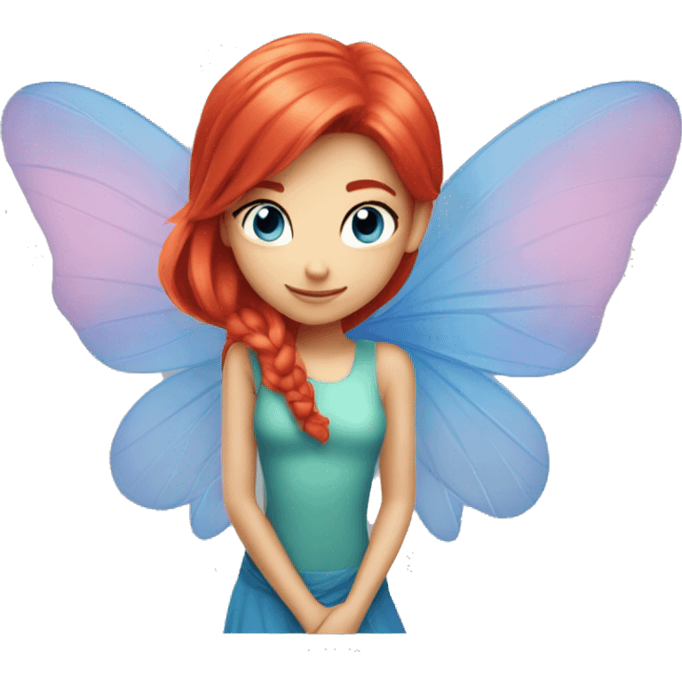 bloom winx fairy with red hair and blue eyes and in blue shirt with wings  emoji