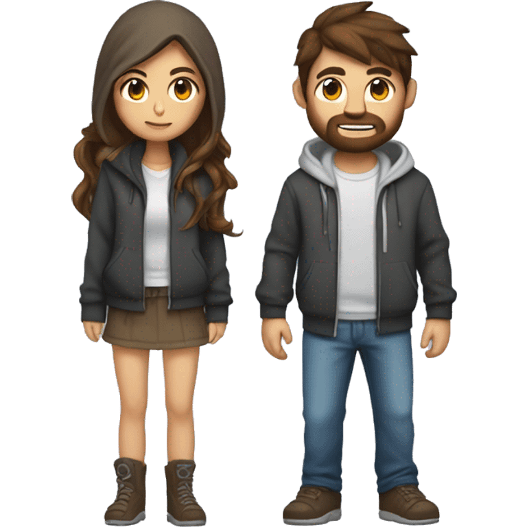 Female girl with long brown hair in hoodie gaming with male guy short brown hair and scruff with gamer controller emoji