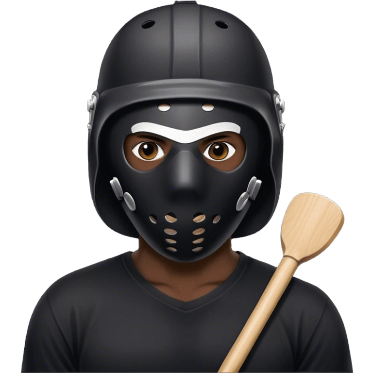 dark skinned black man standing in front of tent wearing a black t shirt with a white jason hockey mask emoji