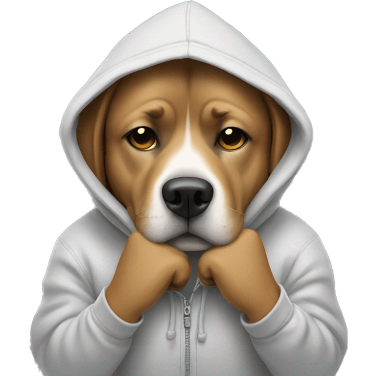 dog wearing a hoodie and holding hands on eyes emoji