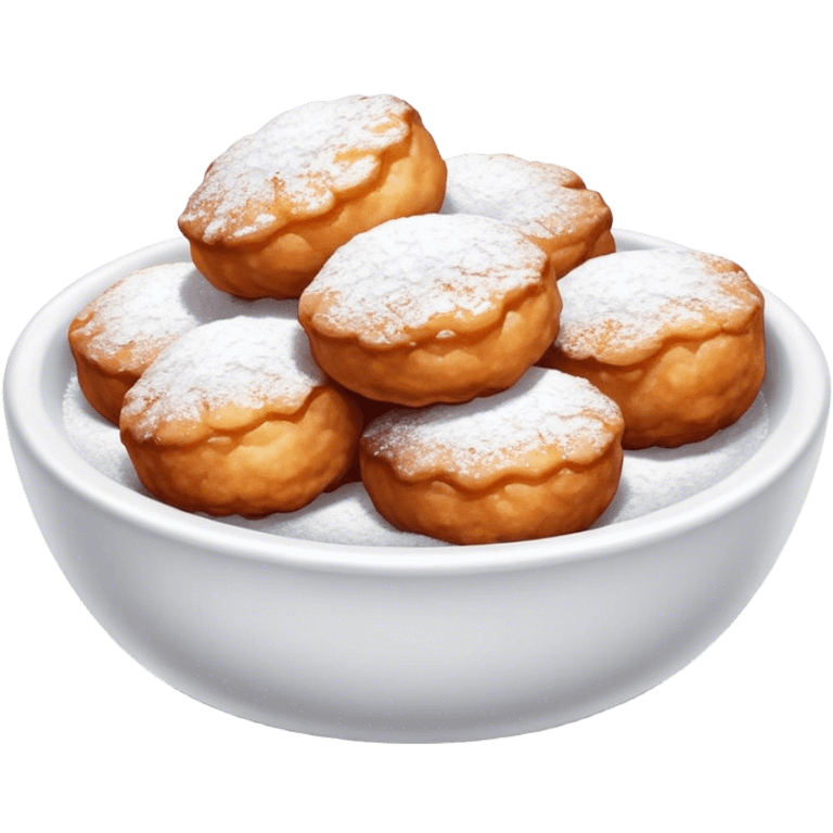 Buñuelo Cinematic Realistic Buñuelo Dessert Emoji, depicted as perfectly round, fluffy fritters served in a small bowl with a dusting of powdered sugar, rendered with vibrant textures and warm, inviting lighting. emoji